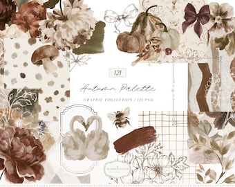 Fall Clipart and Backgrounds PNG Bundle, Vintage Autumn Palette Botanical Graphic Collection (Digital Download)