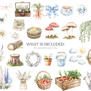 Puede incluir: Un conjunto de ilustraciones de acuarela que incluye 65 archivos PNG separados. El conjunto incluye im&aacute;genes de una abeja, una mariposa, una lib&eacute;lula, flores, una maleta, libros, un cubo, una corona, una regadera, un tronco de &aacute;rbol, un toc&oacute;n de &aacute;rbol, un hongo, una zanahoria, un lazo, una taza de t&eacute;, un plato, una manzana, una nube, un sol, una cesta, y m&aacute;s.