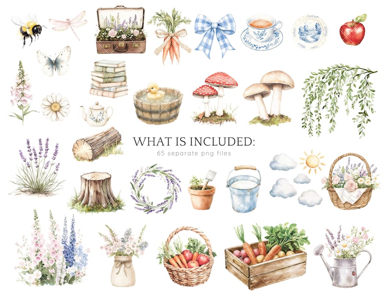 Puede incluir: Un conjunto de ilustraciones de acuarela que incluye 65 archivos PNG separados. El conjunto incluye im&aacute;genes de una abeja, una mariposa, una lib&eacute;lula, flores, una maleta, libros, un cubo, una corona, una regadera, un tronco de &aacute;rbol, un toc&oacute;n de &aacute;rbol, un hongo, una zanahoria, un lazo, una taza de t&eacute;, un plato, una manzana, una nube, un sol, una cesta, y m&aacute;s.