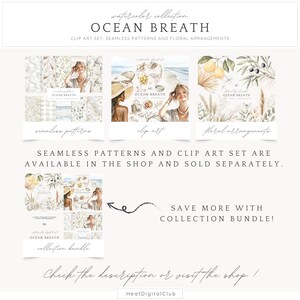 May include: Watercolour illustrations of a woman in a straw hat and a floral arrangement with lemons and olive branches. The text "OCEAN BREATH" is featured throughout the image. The image is a digital download of clip art, seamless patterns, and floral arrangements.