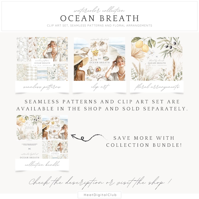 May include: Watercolour illustrations of a woman in a straw hat and a floral arrangement with lemons and olive branches. The text "OCEAN BREATH" is featured throughout the image. The image is a digital download of clip art, seamless patterns, and floral arrangements.