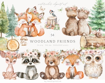 Watercolor Woodland Friends Clipart Bundle, Cute Forest Animals Clip Art, Boho Baby, Baby Shower PNG, Woodland Nursery, Commertial Use