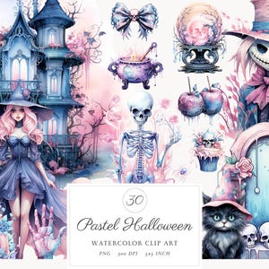 Niedliche Pastelloween Clipart PNG, digitale kommerzielle Nutzung, Hexe Pastell gruselige Goth Illustrationen