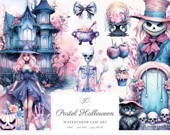 Watercolor Pastel Halloween Clip Art Bundle, Cute Pastelloween Clipart PNG, digital commercial use, Witch Pastel Spooky Goth illustrations