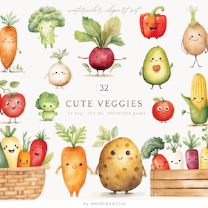 Aquarel schattige groenten clipartbundel, grappige groenten illustraties, kinderen png, kinderen, kwekerij, digitale download stickers, commercieel gebruik