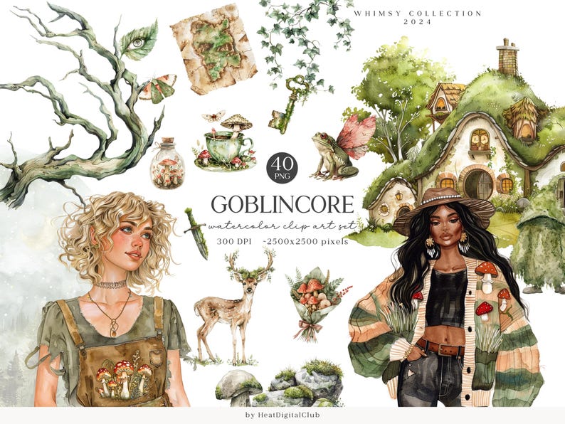 Op de afbeelding: Een aquarel clipart-set met een goblincore-thema. De set bevat een vrouw met lang krullend haar die een bruine jumpsuit draagt, een vrouw met lang zwart haar die een groen, bruin en witte cardigan draagt, een hert met een kroon van paddenstoelen, een paddenstoelenboeket, een klein huis met een groen dak, een kikker met vleugels, een sleutel, een fles met paddenstoelen, een theekopje met een paddenstoel, een kaart, een tak en rotsen met mos.