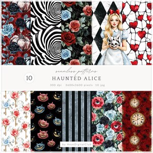 May include: Ten seamless patterns with a gothic Alice in Wonderland theme. Designs include roses, pumpkins, black and white swirls, and Alice holding a skull. The text reads "HAUNTED ALICE".