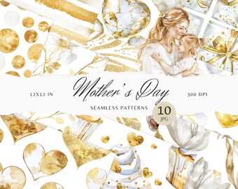 Watercolor Mother's Day Seamless Patterns, Hearts, Balloons (Digital Download)
