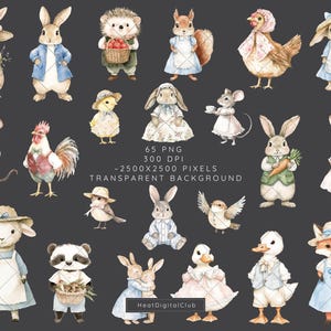 Puede incluir: Un conjunto de 65 ilustraciones de acuarela de animales lindos, que incluyen un conejito, un erizo, una ardilla, una gallina, un rat&oacute;n, un gallo, un pato, un zorro y un panda. Las ilustraciones son perfectas para crear dise&ntilde;os digitales, scrapbooking y otros proyectos creativos.