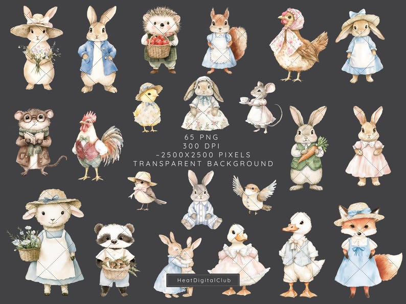 Puede incluir: Un conjunto de 65 ilustraciones de acuarela de animales lindos, que incluyen un conejito, un erizo, una ardilla, una gallina, un rat&oacute;n, un gallo, un pato, un zorro y un panda. Las ilustraciones son perfectas para crear dise&ntilde;os digitales, scrapbooking y otros proyectos creativos.