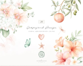 Watercolor Grapefruit Breeze Floral Arrangements, Summer Flowers Clipart, Tropical Florals, Citrus Flowers, Floral PNG,Digital Download