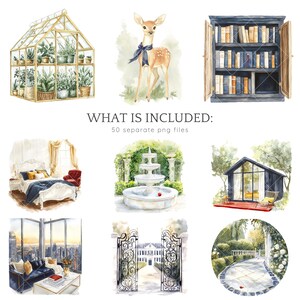 May include: A set of watercolour illustrations featuring various scenes, including a greenhouse, a bookshelf, a bedroom, a fountain, a garden, a gate, and a house.  WHAT IS INCLUDED: 50 separate png files