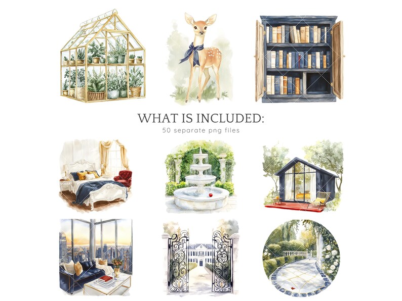 May include: A set of watercolour illustrations featuring various scenes, including a greenhouse, a bookshelf, a bedroom, a fountain, a garden, a gate, and a house.  WHAT IS INCLUDED: 50 separate png files