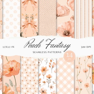 Aquarell Pfirsich Fantasy Muster, Pastell Blumen JPEG, Streifen Karo Glitter Shabby Chic Printable Scrapbook Papier Junk Journal