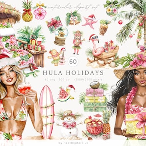 Aquarell Hula Feiertage ClipArt, Hawaiianische Winter Clip Art Bundle, Ocean Weihnachten PNG, Tropisch PNG, Cottagecore Clipart, digitaler Download