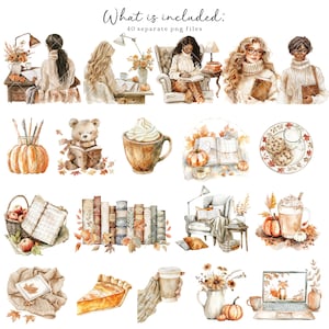 May include: A set of 40 watercolor illustrations featuring cozy autumn scenes. The illustrations include a variety of objects, such as books, coffee mugs, pumpkins, and leaves. The illustrations are perfect for adding a touch of autumn to your projects.