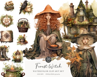 May include: A digital clip art set of 36 watercolor illustrations featuring a forest witch theme. The set includes a witch with red hair, a witch with blonde hair, a witch's cottage, a cauldron, a lantern, a book, a raven, a basket of herbs, and more.