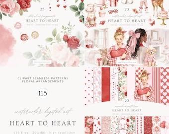 May include: A digital art set with watercolor illustrations. The image features floral arrangements, seamless patterns, and various elements like hearts, bows, and gifts. Text includes "Heart to Heart" and file details.
