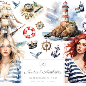 Clipart de estética náutica en acuarela, paquete PNG de la marina romántica para uso comercial, clip art marino, gráficos del mar y el océano, pegatinas para hacer tarjetas
