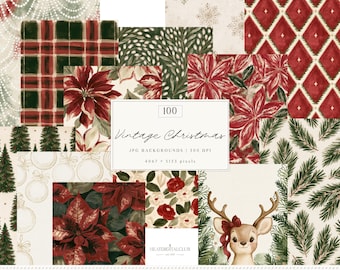 100 Christmas Backgrounds, Vintage Christmas Digital Bundle, Holiday Scrapbook Paper,  Floral Botanical Plaid Stripes JPG | Digital Download