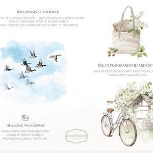 Pu&ograve; includere: Illustrazioni ad acquerello con una borsa di vimini bianca con fiori e un libro, uno stormo di uccelli in un cielo blu e una bicicletta vintage. Opere d'arte originali e assistite dall'IA.