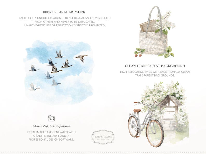 Pu&ograve; includere: Illustrazioni ad acquerello con una borsa di vimini bianca con fiori e un libro, uno stormo di uccelli in un cielo blu e una bicicletta vintage. Opere d'arte originali e assistite dall'IA.