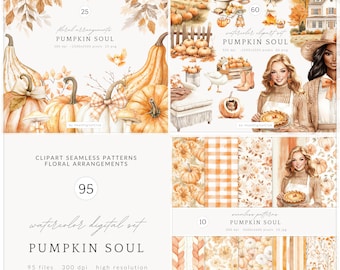 Watercolor Pumpkin Clipart Set, Fall Cottagecore PNG (Digital Download)
