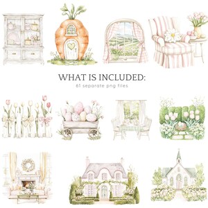 May include: A set of watercolor illustrations featuring a variety of Easter-themed images, including a carrot house, a window with a view, a chair, a fence with flowers, a wagon full of Easter eggs, a table and chairs, a garden with a bird's nest, a fireplace with a wreath, a house with a garden, and a church with a path. The text "WHAT IS INCLUDED: 61 separate png files" is also included in the image.