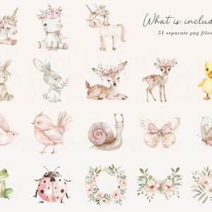 May include: A set of 16 watercolor illustrations featuring woodland creatures, flowers, and other nature-inspired elements. The illustrations include a unicorn, a deer, a rabbit, a bird, a snail, a butterfly, a frog, a ladybug, and a wreath. The illustrations are all in soft, pastel colors and are perfect for adding a touch of whimsy to any project.