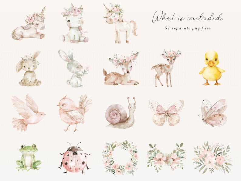 May include: A set of 16 watercolor illustrations featuring woodland creatures, flowers, and other nature-inspired elements. The illustrations include a unicorn, a deer, a rabbit, a bird, a snail, a butterfly, a frog, a ladybug, and a wreath. The illustrations are all in soft, pastel colors and are perfect for adding a touch of whimsy to any project.