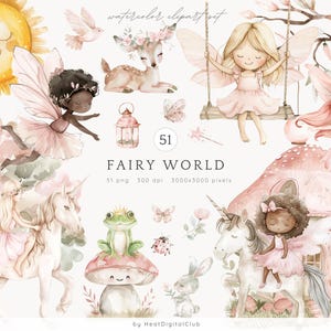 Clipart monde des fées aquarelle, fée rose PNG, jardin féerique, clipart champignon, licorne, lapin, cerf, clipart floral, clipart crèche magique