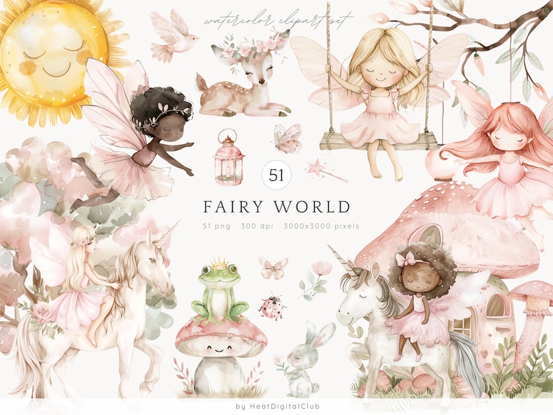 May include: A set of 51 watercolor clipart illustrations featuring fairies, unicorns, mushrooms, a frog, a deer, a sun, and a butterfly. The illustrations are in pink, green, and brown tones.