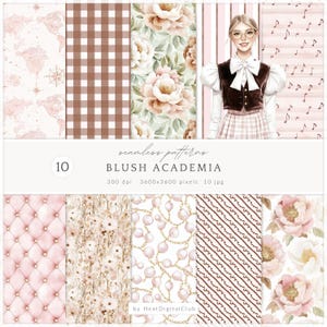 以下が含まれることがあります： ブラッシュとブラウンの色調の10個のシームレスパターン。デザインには、花柄、チェック柄、地図、音符パターンが含まれます。画像には、メガネと学校の制服を着た女性の水彩イラストも含まれています。