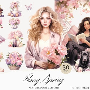 Clipart printemps pivoine aquarelle, clipart printemps confortable, graphiques floraux, printemps mignon, fleurs, saisonnier, fille aquarelle, autocollants numériques