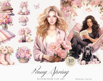 Watercolor Peony Spring Clipart, Cozy Spring Clip Art, Floral graphics, Cute Spring, flowers, seasonal, watercolor girl, digital stickers