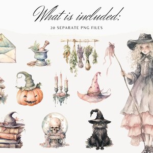 May include: A set of 20 watercolor illustrations featuring a witch, a black cat, a pumpkin, a skull, a potion, a hat, candles, mushrooms, and other Halloween-themed elements. The illustrations are in a whimsical style and are perfect for adding a touch of magic to your projects.