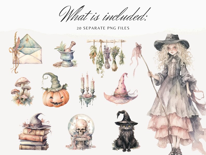 May include: A set of 20 watercolor illustrations featuring a witch, a black cat, a pumpkin, a skull, a potion, a hat, candles, mushrooms, and other Halloween-themed elements. The illustrations are in a whimsical style and are perfect for adding a touch of magic to your projects.