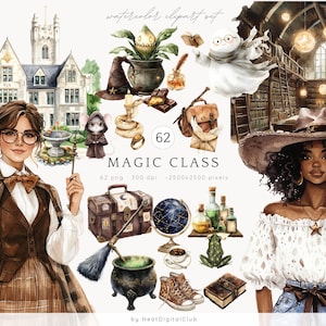 May include: Watercolor clipart set of 62 illustrations featuring a magic class theme. The set includes a witch with a wand, a cauldron, a broom, a ghost, a book, a globe, a chest, a frog, a snake, a mouse, a hat, a potion bottle, a cup of coffee, and a building. The set is perfect for creating magical illustrations, cards, and other projects.
