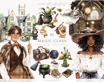 Imágenes prediseñadas de clase de magia en acuarela, imágenes prediseñadas de escuela de magos, imágenes prediseñadas de brujas, imágenes prediseñadas de escuela de magia, mundo mágico, fantasía encantada, descarga digital
