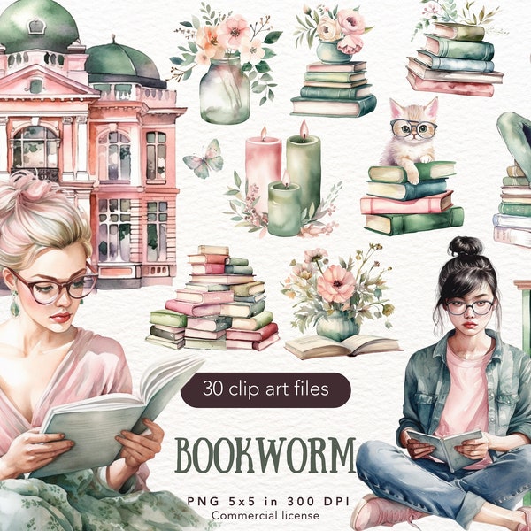 Watercolor Pink Green Bookworm clip art bundle, bookshelf, book lover aesthetic, reading png, clipart bundle, library, fantasy interior