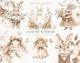 Watercolor Easter Bunnies Clipart, Cute  Bunny PNG, Bunnies Clipart, Spring Floral Clipart, Nursery Clip Art, Easter Digital Download