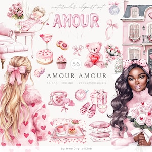 Bundle de cliparts aquarelle Saint-Valentin, clipart PNG romantique, amour, amour, clipart ballons, téléchargement numérique autocollants, usage Commercial