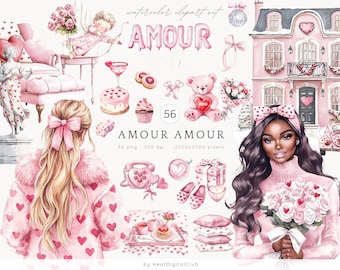 May include: A watercolor clipart set with the word "AMOUR" in pink and white letters. The set includes a pink house, a woman with long black hair, a teddy bear, a heart-shaped balloon, a bouquet of pink roses, and a woman with long blonde hair wearing a pink coat with hearts.