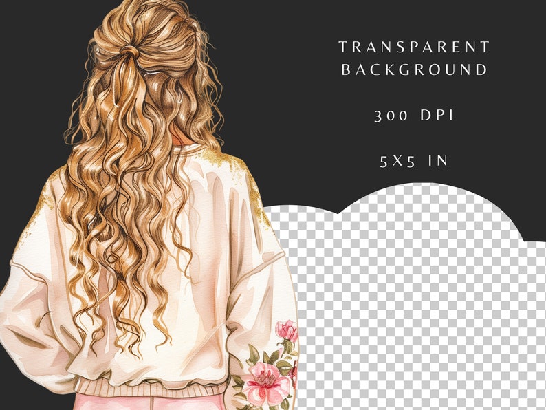 May include: A watercolor illustration of a woman with long, curly blonde hair wearing a cream-colored sweater with pink floral details. The background is transparent.