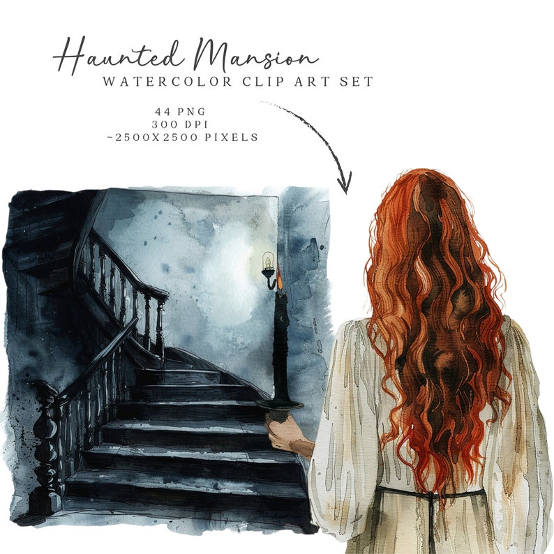 May include: A watercolor illustration of a woman with long red hair standing in front of a dark, winding staircase in a haunted mansion. The woman is wearing a white dress and is looking at the staircase. The staircase is made of dark wood and has a railing on both sides. There is a candle holder with a lit candle on the wall to the right of the staircase.