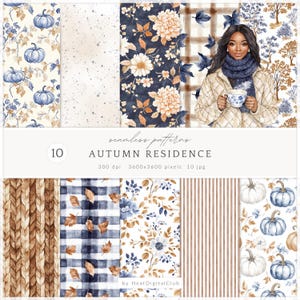 May include: Ten seamless autumn-themed patterns are displayed, featuring floral designs, pumpkins, and plaid. The colour scheme includes navy, beige, brown, and orange. A woman holding a teacup is also shown. The image text reads "AUTUMN RESIDENCE".