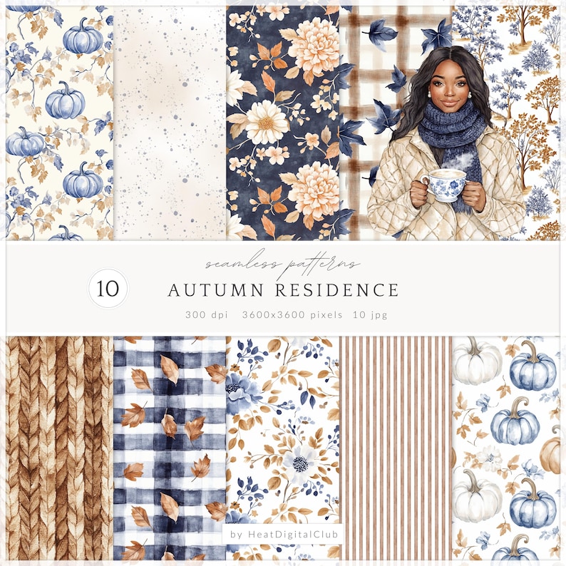 May include: Ten seamless autumn-themed patterns are displayed, featuring floral designs, pumpkins, and plaid. The colour scheme includes navy, beige, brown, and orange. A woman holding a teacup is also shown. The image text reads "AUTUMN RESIDENCE".