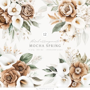 Aquarel mokka lente bloemstukken ClipArt, zachte calla lelies bloemen PNG, lenteboeket, verse bloemen, digitale download