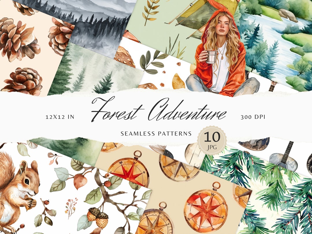 Watercolor Forest Adventure Seamless Patterns, Camping Pattern JPEG ...