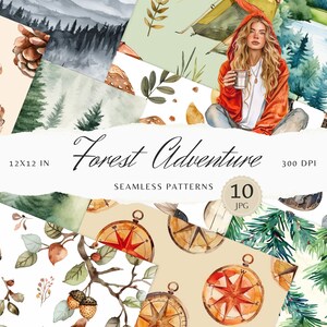 May include: A collection of watercolor seamless patterns with a forest adventure theme. The patterns include pine cones, trees, a woman with a cup, a squirrel, compasses, and a guitar. The text "Forest Adventure" is displayed.